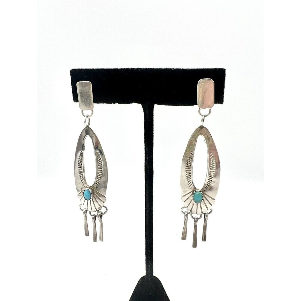 Navajo Sterling Turquoise Dangle Earrings by Pat Platero Handmade Silver 925 - Picture 3 of 7